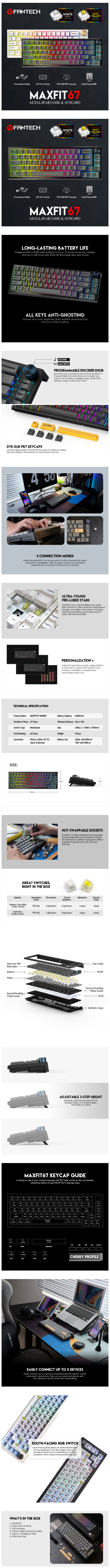 A large marketing image providing additional information about the product Fantech MAXFIT67 Wireless Bluetooth Mechanical Keyboard 65% Hot-Swap RGB Backlit Gaming PC Keyboard with Knob (Black) (Gateron Cap Milky Yellow) - Additional alt info not provided